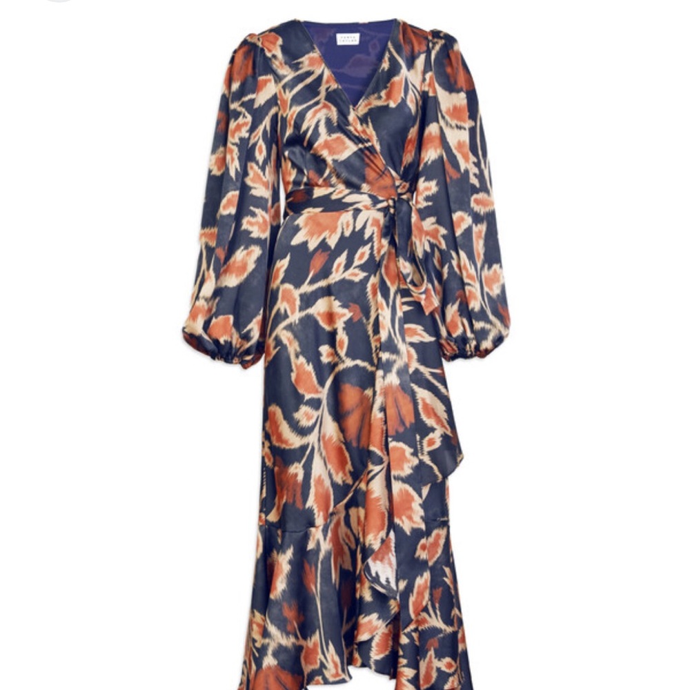 Tanya Taylor Wrap Midi Dress in Navy and Rust Floral